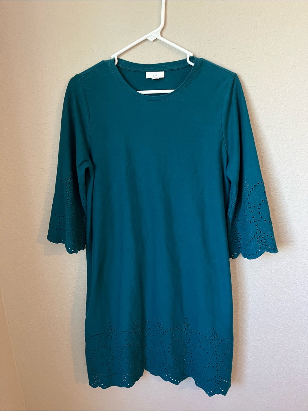 J.Jill Pacific Teal Eyelet Trim Cotton Shift Dress Size Small Vacation Coastal